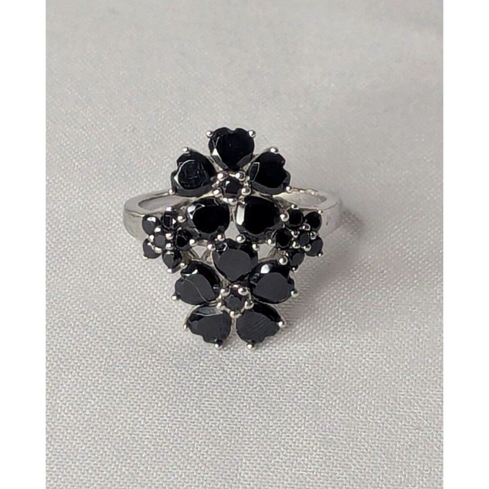 Black Spinel Cocktail Ring - Sterling Silver, Hearts, Size 12